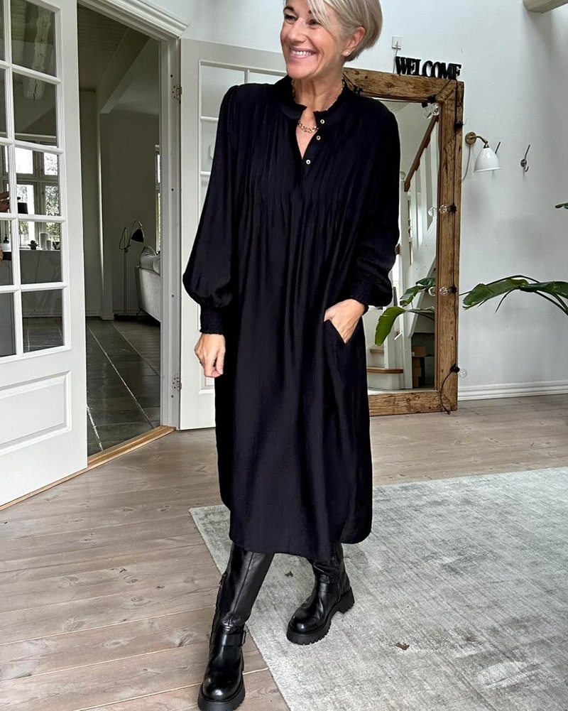Solid Button-Neck Long-Sleeve Maxi Dress