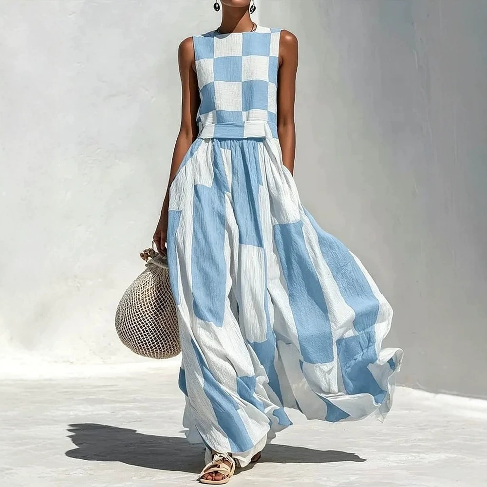 Black and White Plaid Sleeveless A-Line Maxi Dress