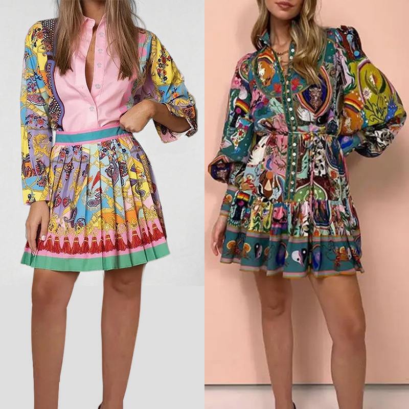Floral Print Long Sleeve Shirt and Pleated Skirt Two-Piece Set