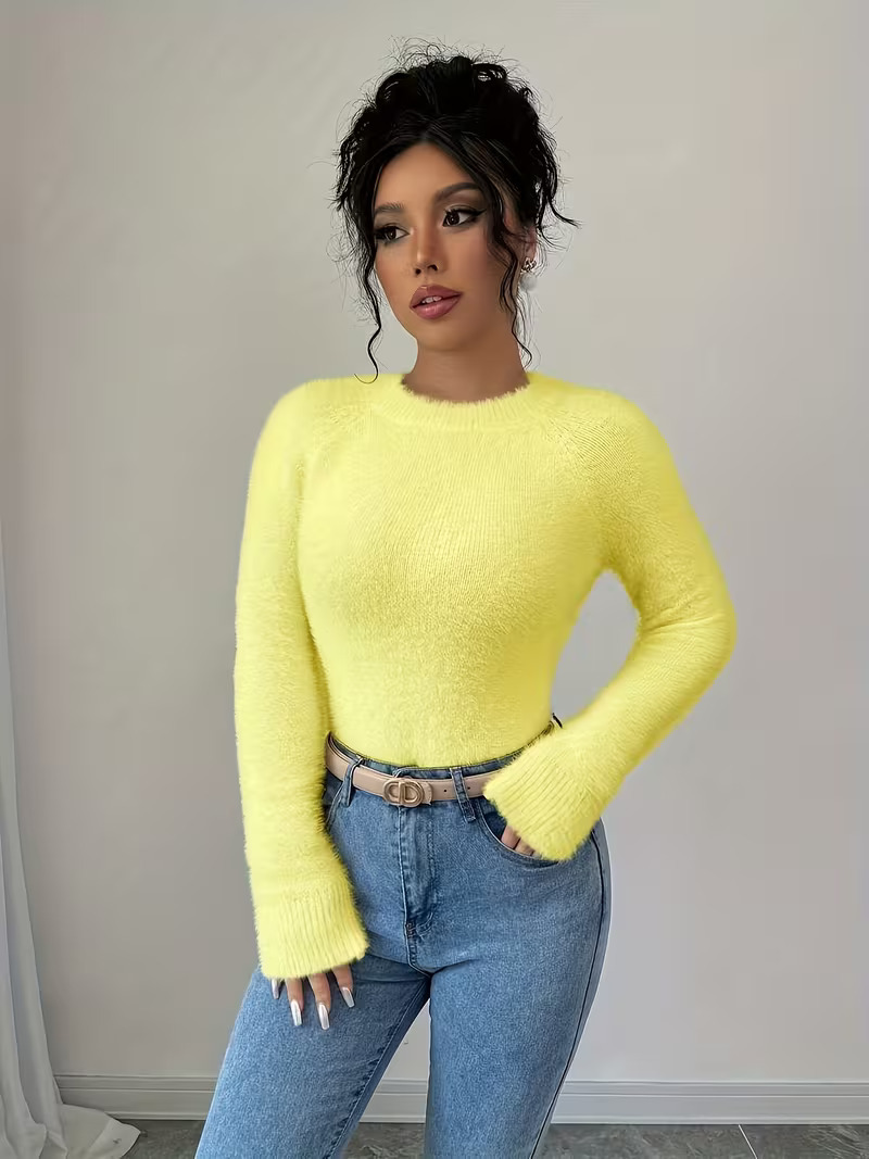 Women's V-Neck Solid Knit Sweater Soft Warm Pullover
