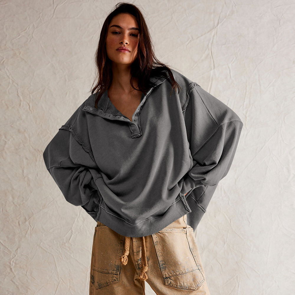 Lantern Sleeve Split Lapel Loose Sweatshirt