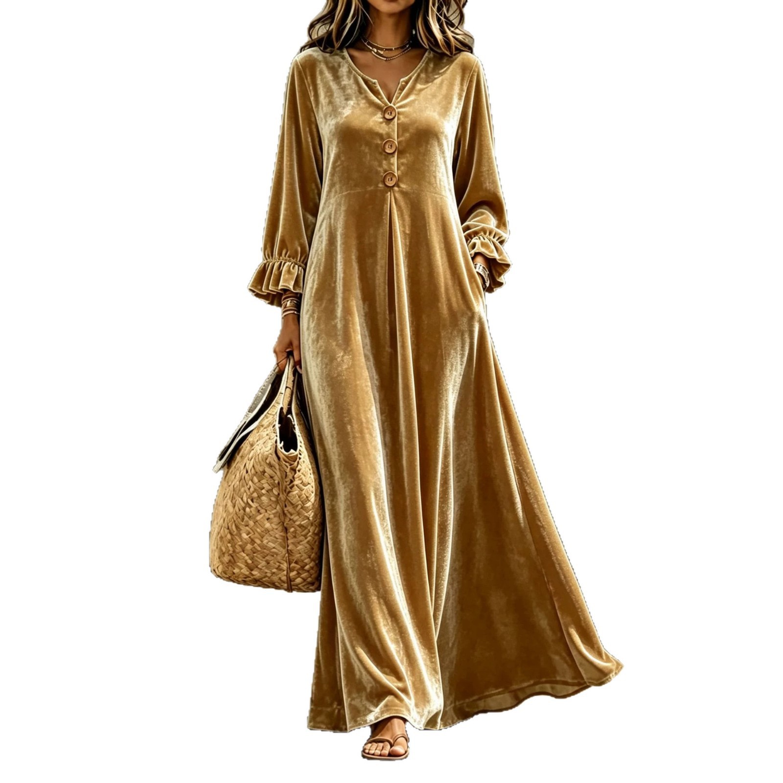Velvet V-Neck Ruffle-Sleeve Long A-Line Dress