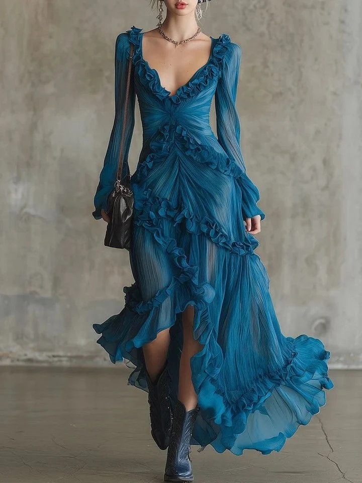 Peacock Blue Deep V Ruffle Pleated Sheer Slit Long Sleeve Maxi Dress