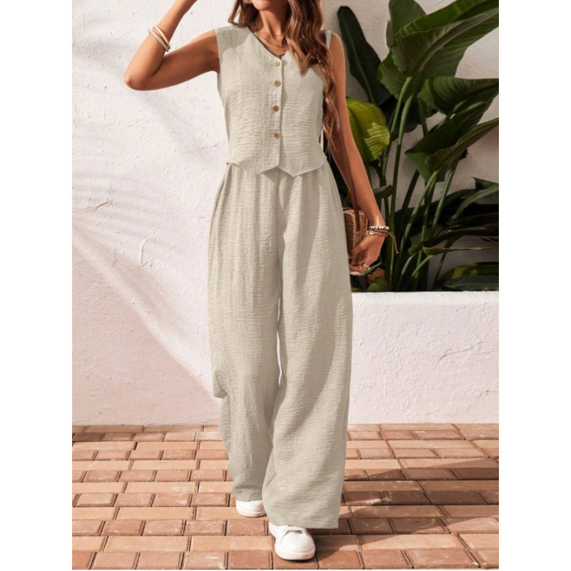 Linen-Blend Button-Front V-Neck Vest and Pants Set