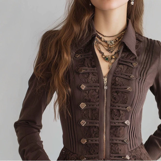 Retro Solid Color Lace-Trim Zip Jacket