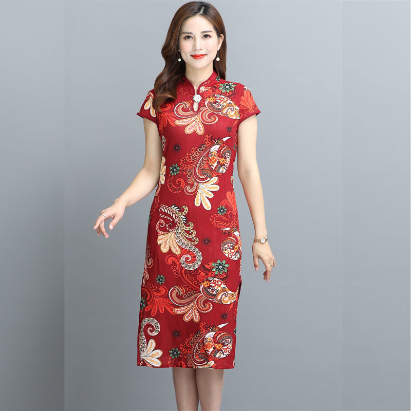 Women's Summer Cheongsam Dress Short Sleeve Slimming Floral Midi