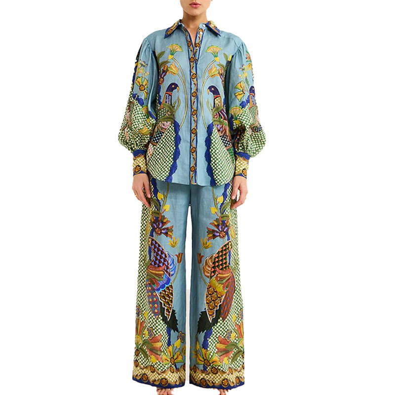 Elegant Printed Lapel Shirt and Straight-Leg Pants Two-Piece Set