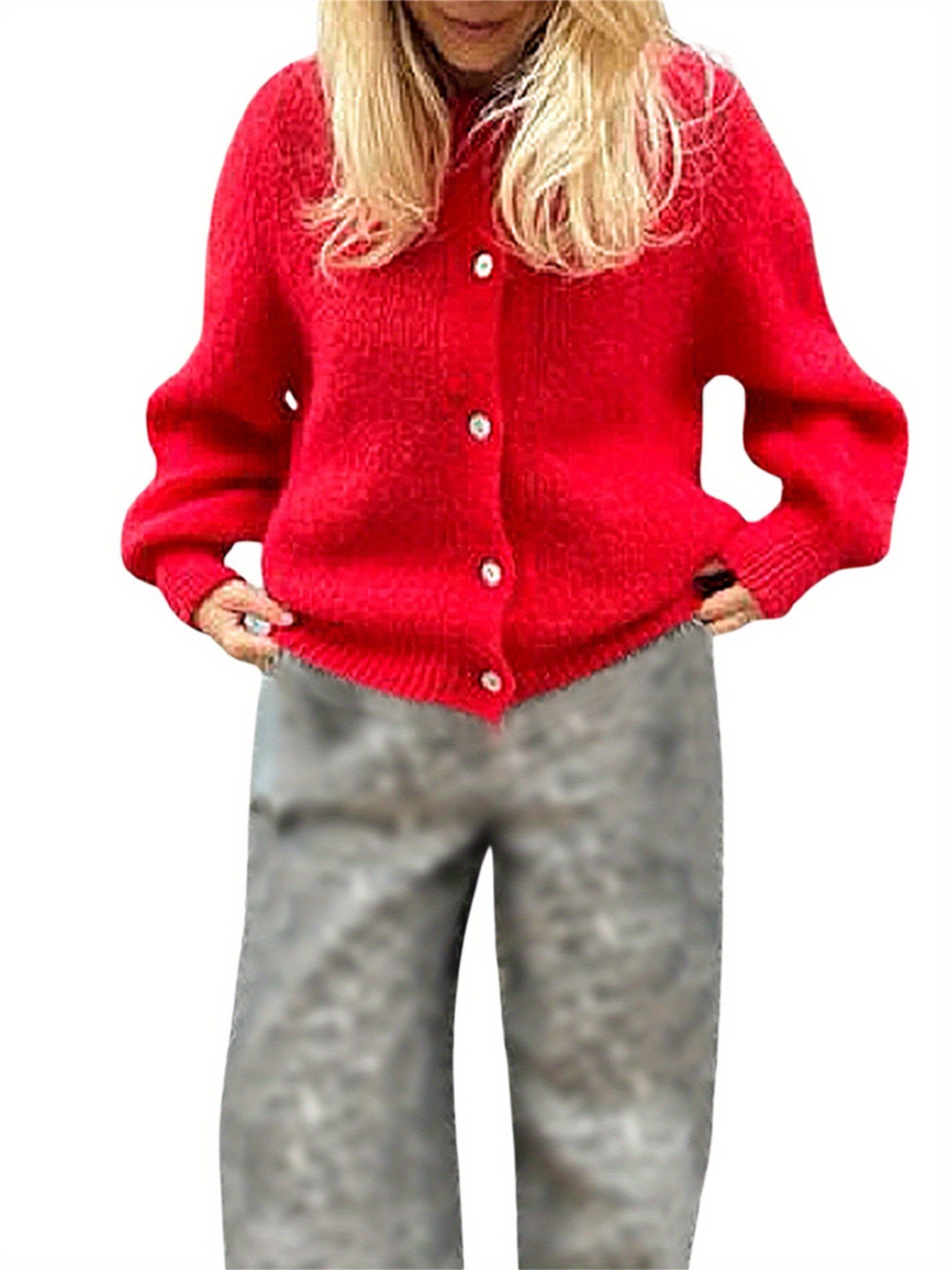 Women's Loose Knit Button-Front Cardigan Sweater Long Sleeve Crew Neck