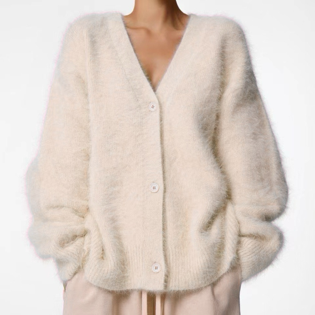 Faux Mink Knit Cardigan Sweater Women's Loose V-Neck Long Sleeve Button Front