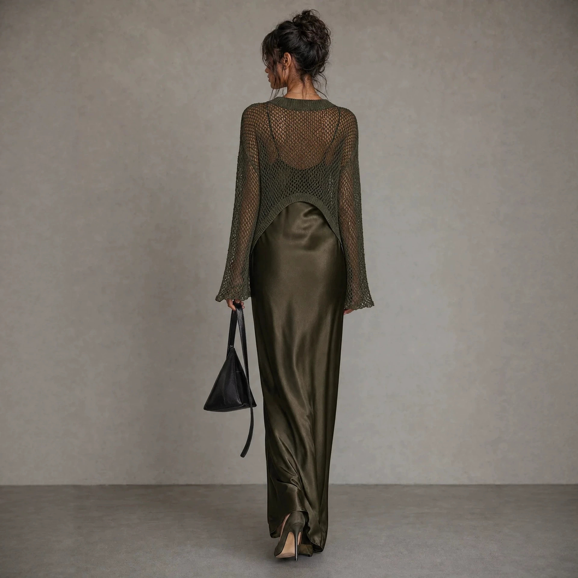 Women's Solid Color Long Sleeve Crewneck Top and Long Skirt Two-Piece Set