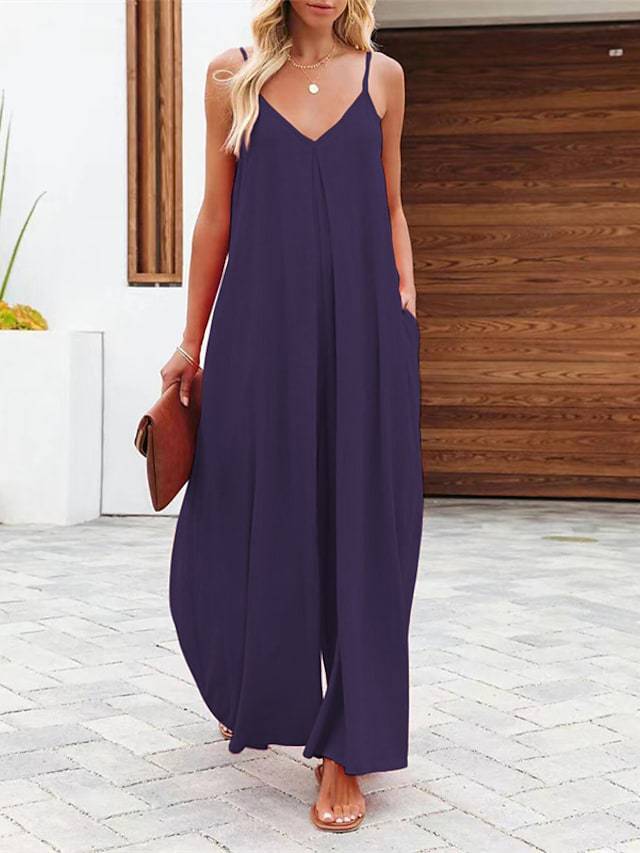 Women's Sleeveless Wide-Leg Jumpsuit with Pockets Solid Casual