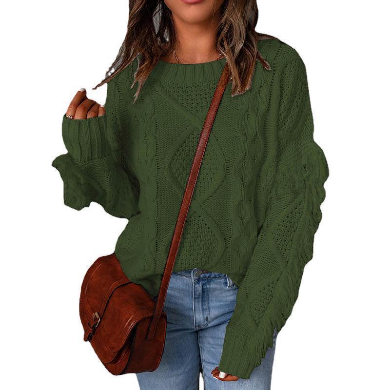 Women's Loose Diamond Quilted Fringe Pullover Sweater