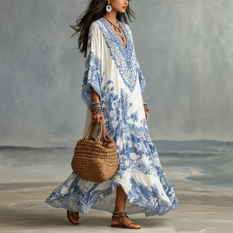 Bohemian Floral Print Loose Fit Long Sleeve Shirt Dress