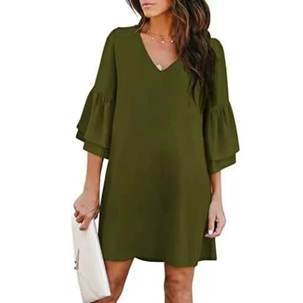 Women's Solid V-Neck Flare Sleeve Loose Dress