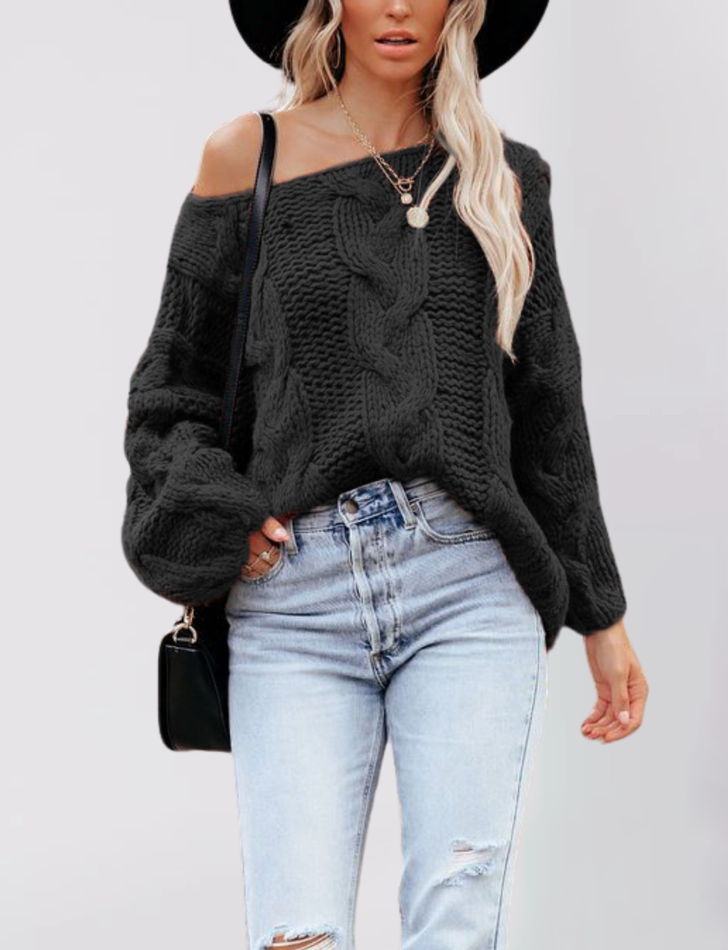 Women's Off-Shoulder Cable Knit Pullover Sweater
