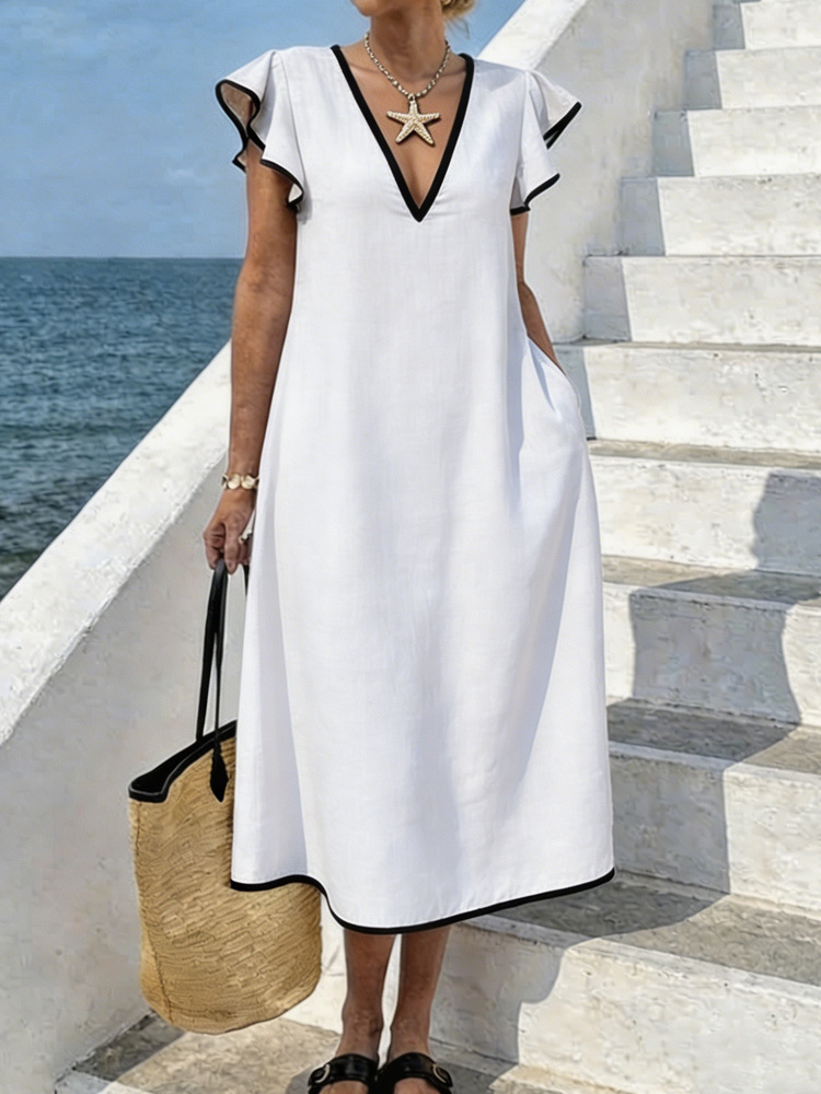 V-Neck Bohemian Loose Plus-Size Long Dress with Pockets