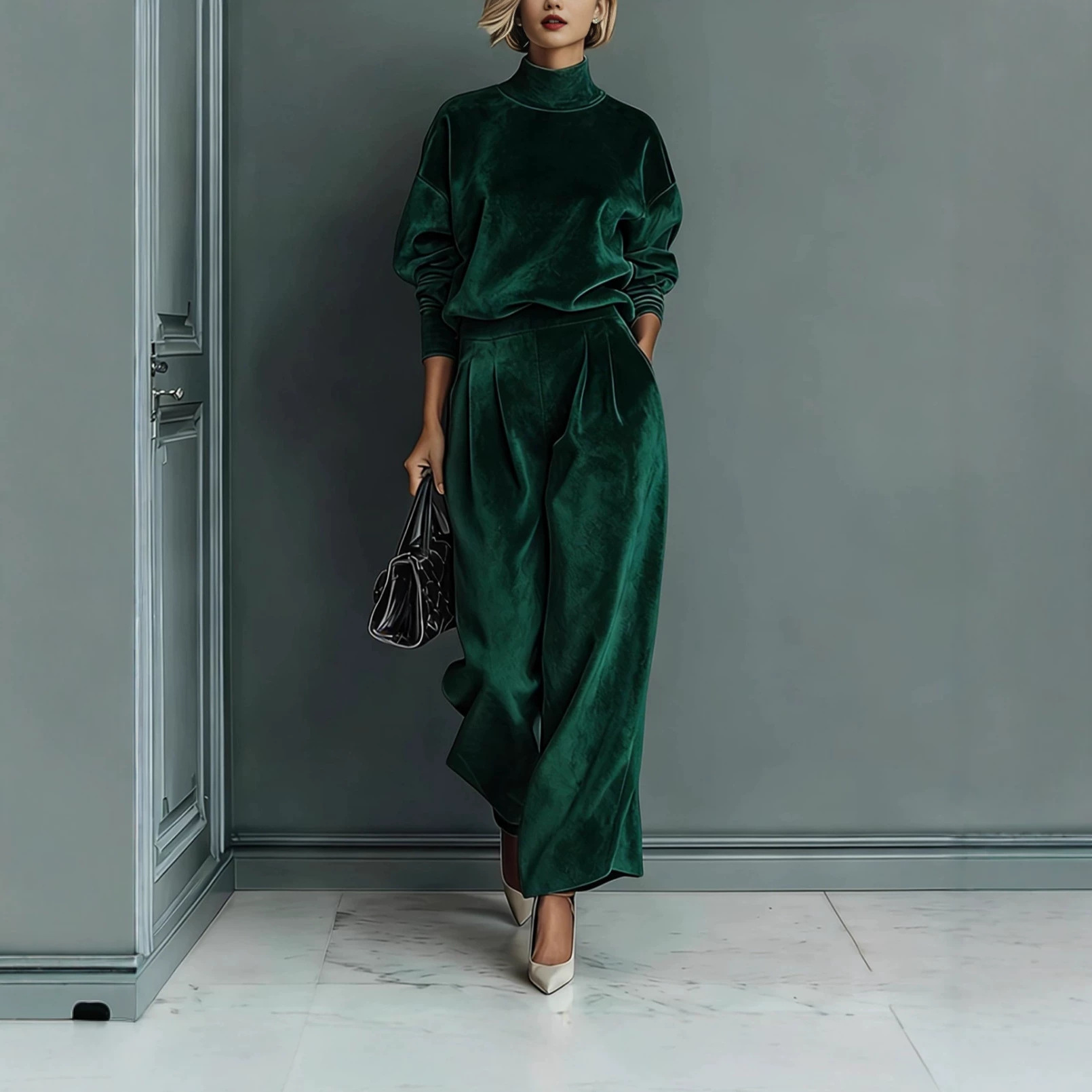 Women's Velvet Two-Piece Lounge Set – Long Sleeve Turtleneck & Wide-Leg Pants