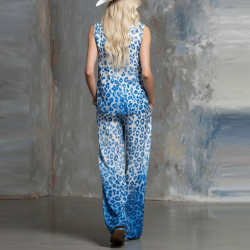 Leopard Print Sleeveless Shirt and Pants Two-Piece Set