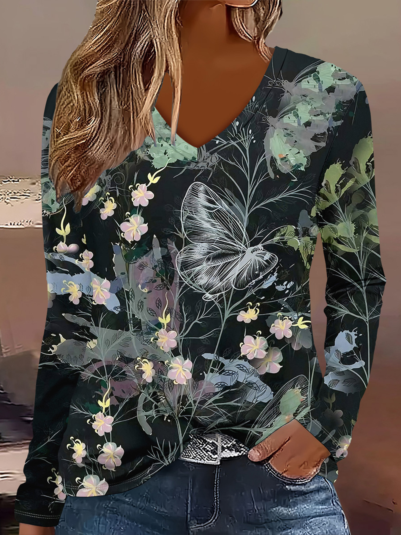 Bohemian Floral V-Neck Long-Sleeve Loose Casual T-Shirt
