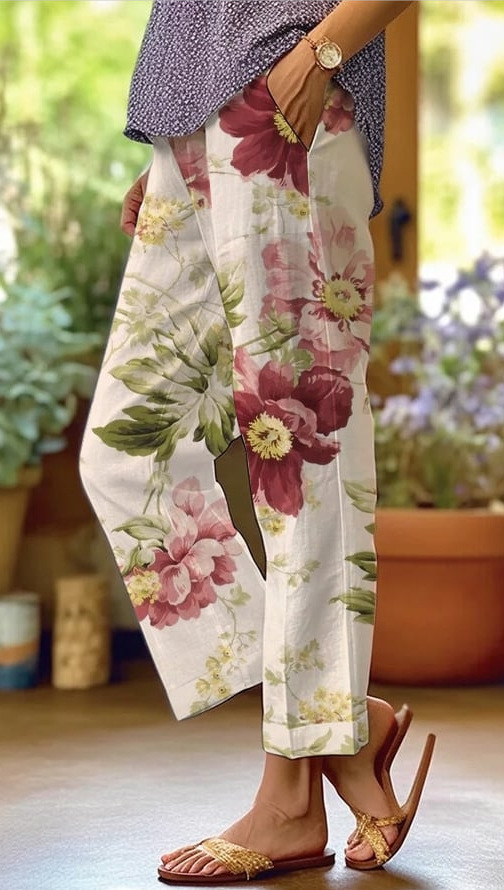 Women's Striped & Floral Print Straight-Leg Casual Pants