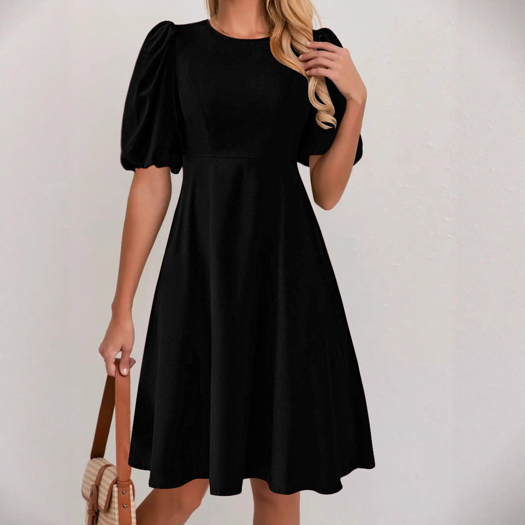 Women's Elegant Solid Color Round Neck Puff Sleeve Dress