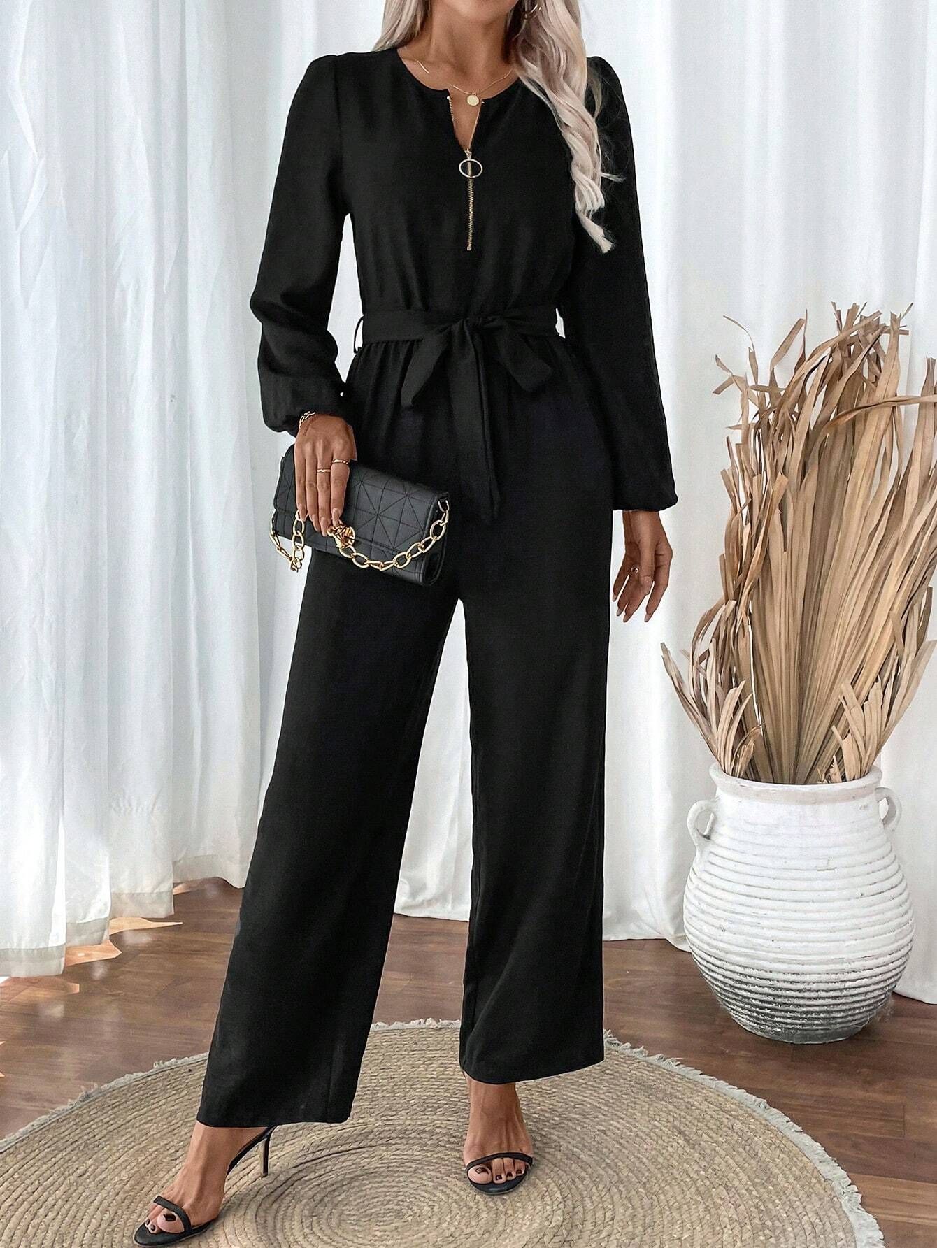 Women's Long Sleeve Belted Jumpsuit with Zip Round Neck and Straight Leg Pants
