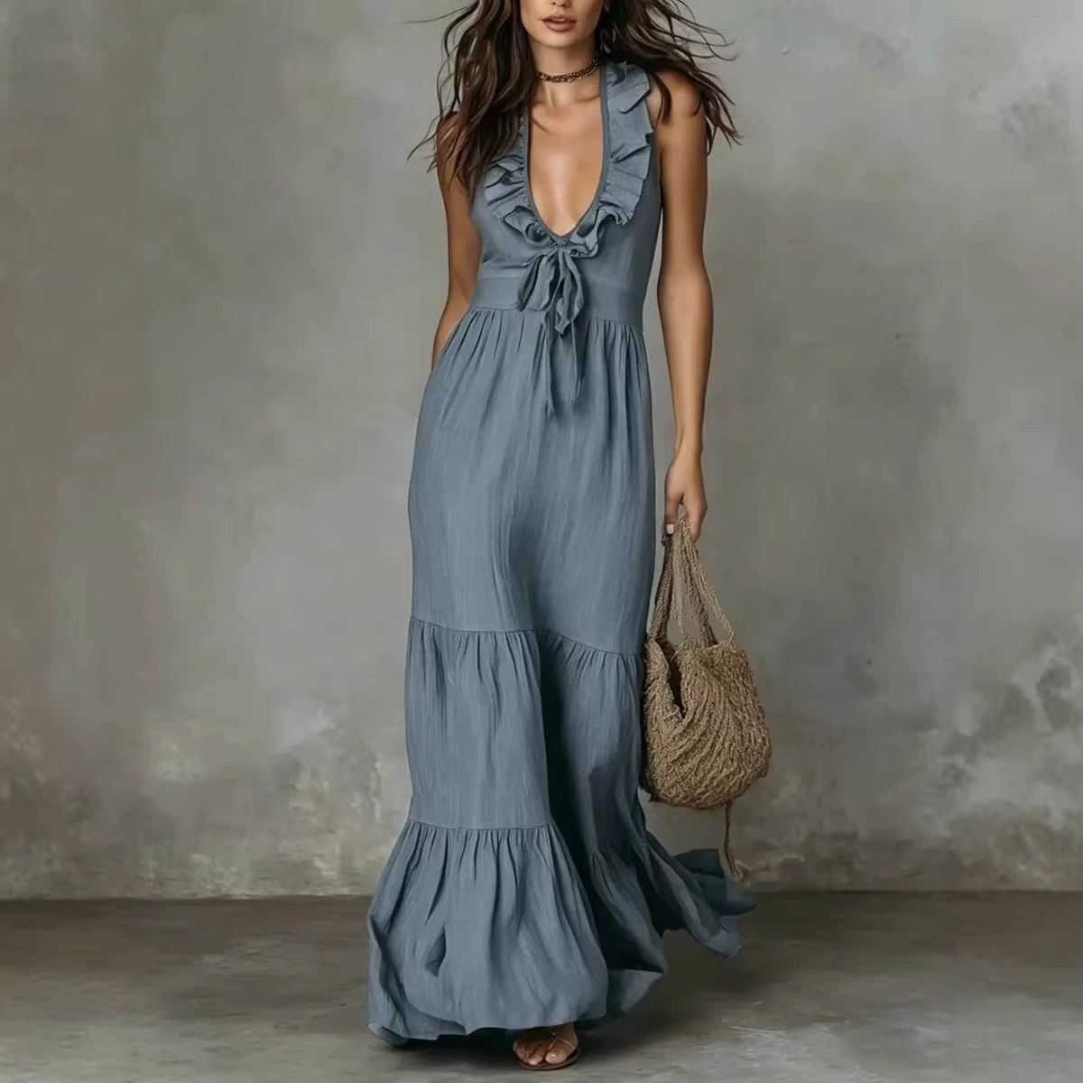 Women's Solid Sleeveless V-Neck A-Line Maxi Dress
