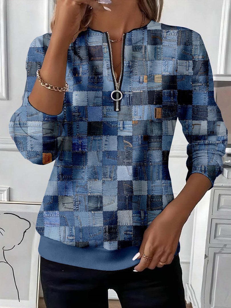 Women's Boho Print Long Sleeve Zip-Up Sweatshirt Casual Top