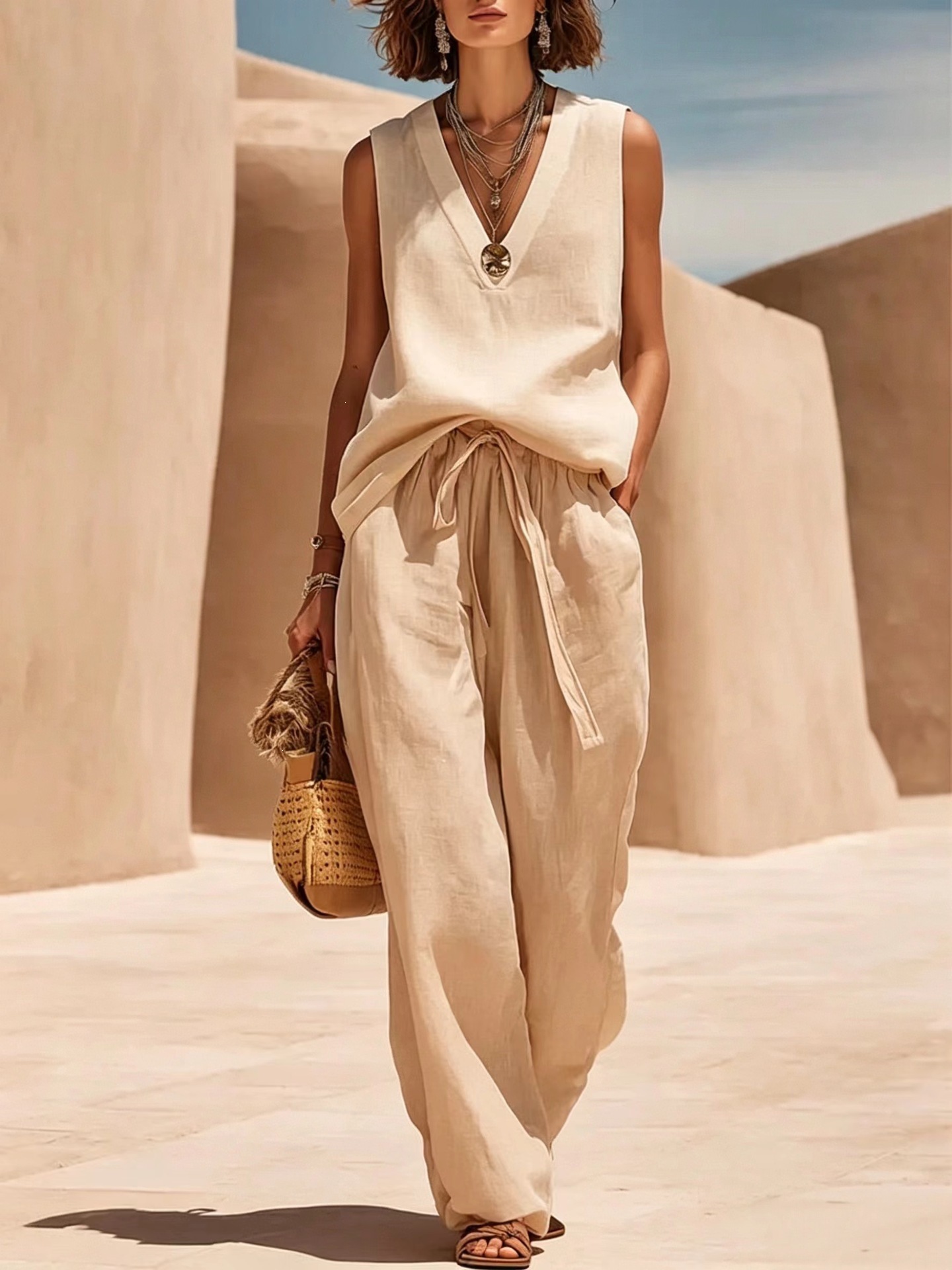 Women's Cotton-Linen Sleeveless V-Neck Two-Piece Set Casual Summer Outfit