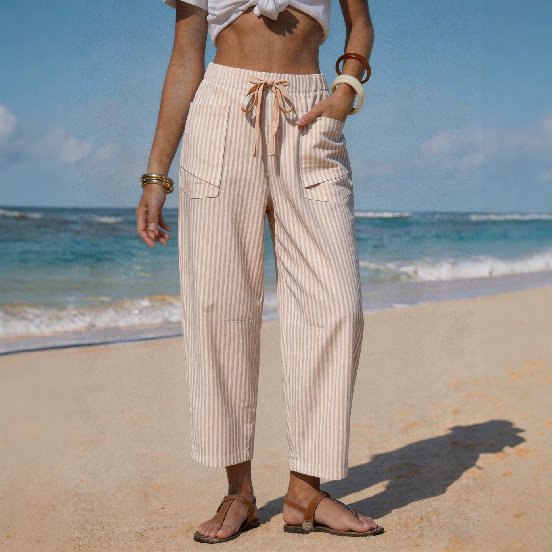 Striped Faux Linen Cropped Pants with Drawstring and Pockets
