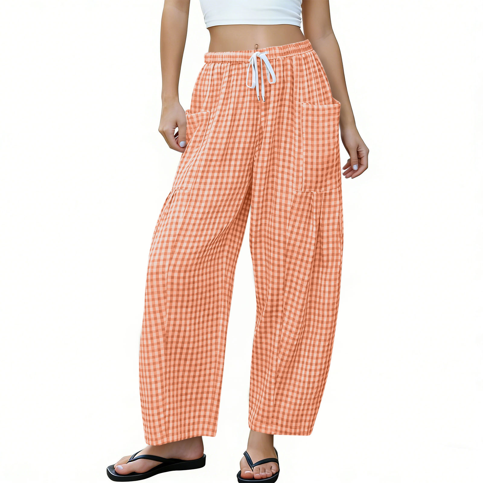 Plaid Wide-Leg Pants for Women High Waist Loose Drapey Floor-Length