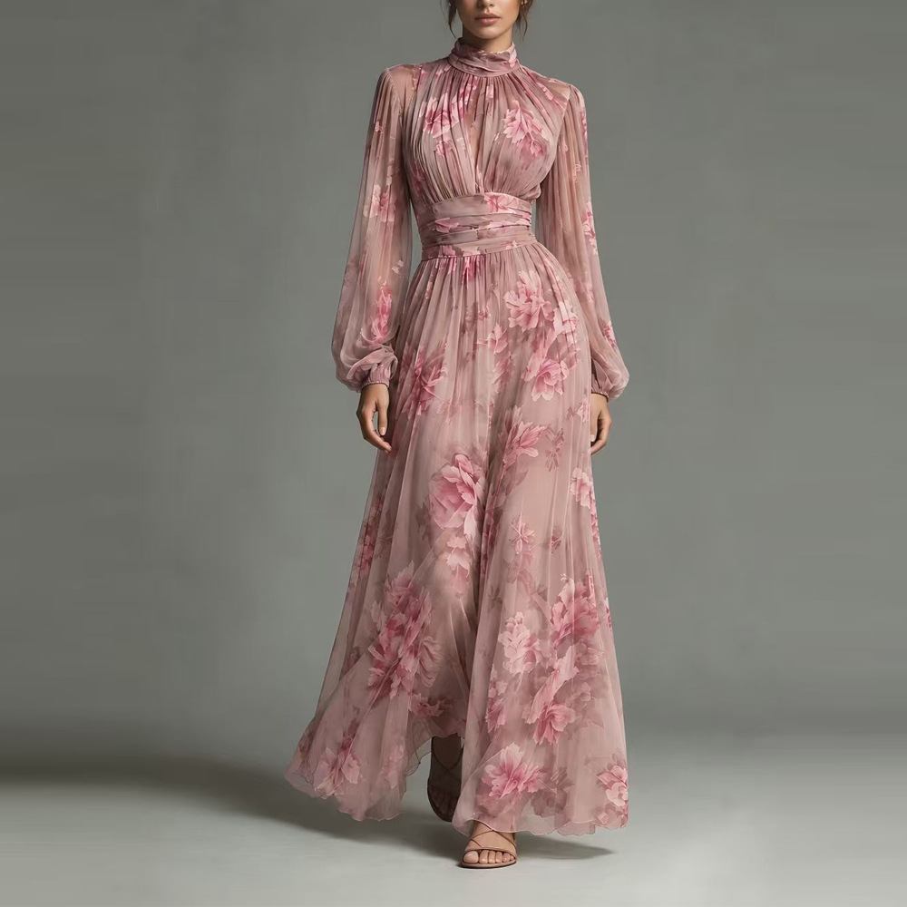 Women's Digital Print Ruched Waist Slimming Pleated Dress
