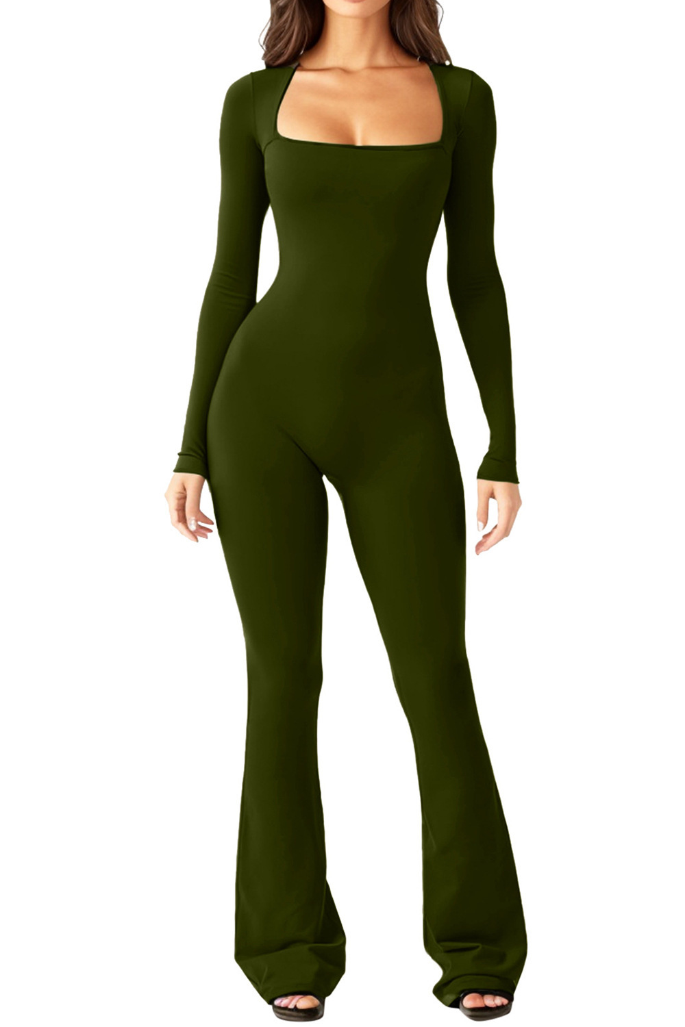 Women's Long Sleeve Square Neck Wide Leg Jumpsuit with Tummy Control and Butt Lifting