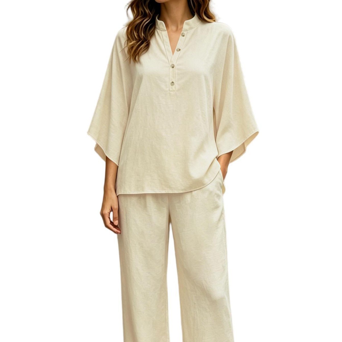 Minimalist Loose Batwing Sleeve Half-Placket High-Waist Wide-Leg Two-Piece Set