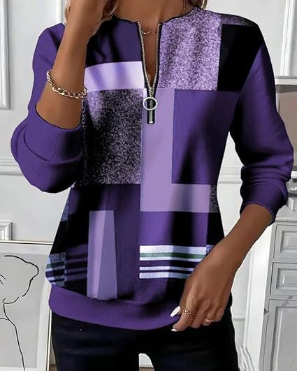 Retro Plaid Colorblock Print Half-Zip Hoodie for Women