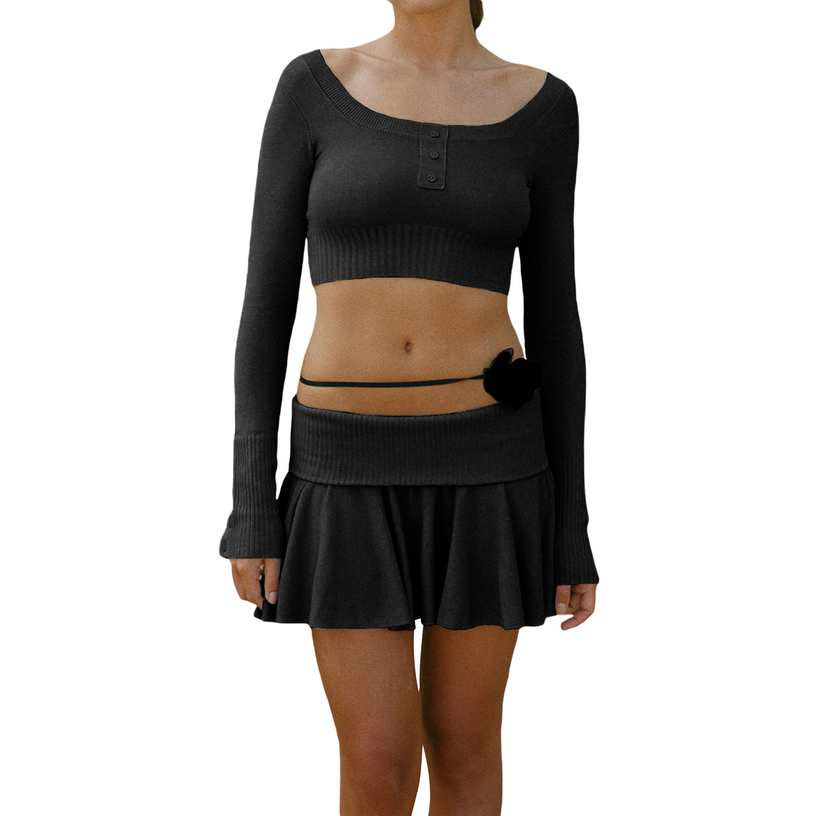 Women's Knit Sexy Crop Top Long Sleeve Mini Skirt Set