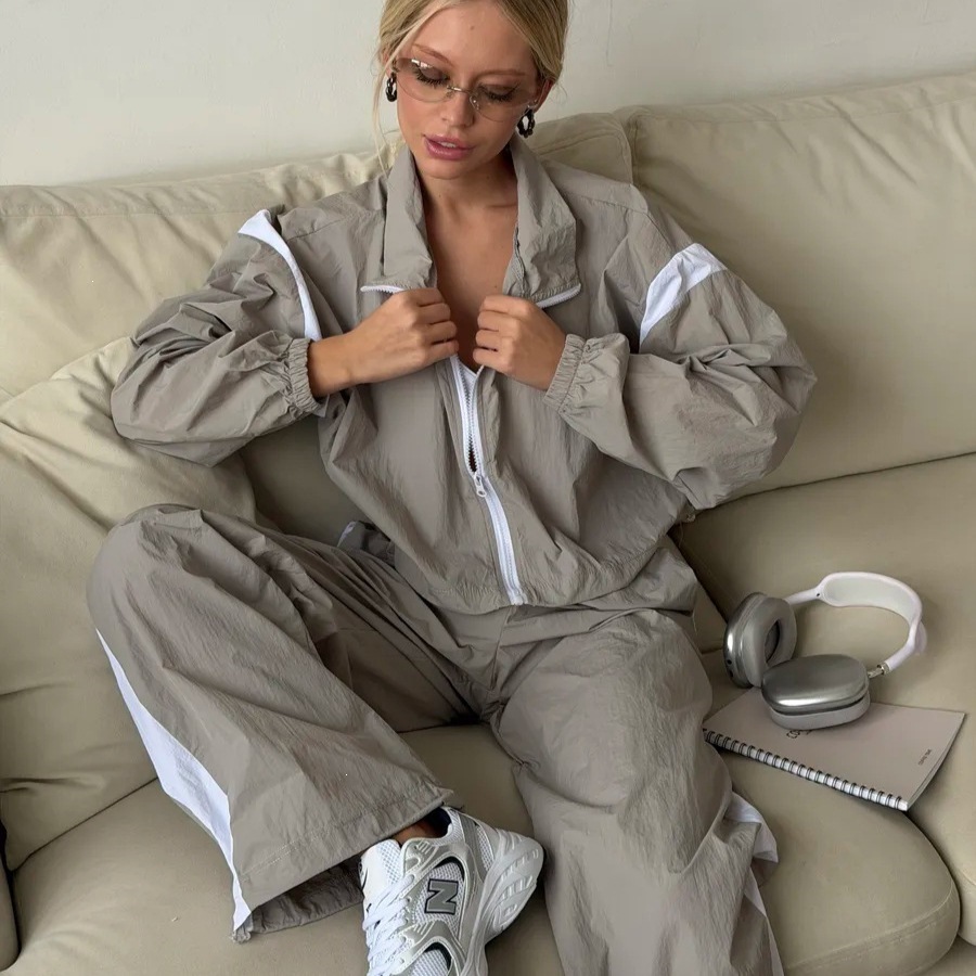 Women's Retro Street Zip-Up Jacket & High-Waist Jogger Pants Set