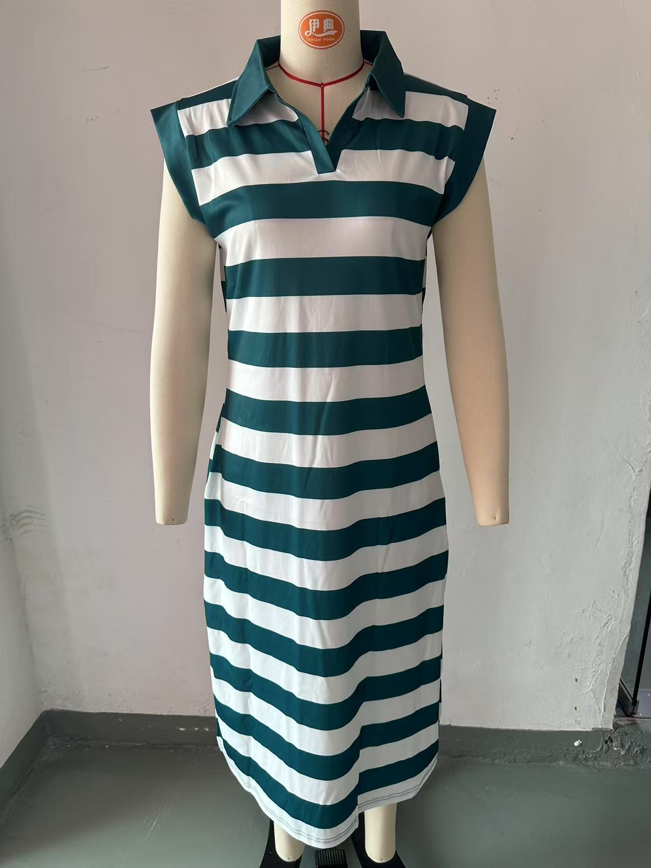 Striped Collared Long Dress with Pockets