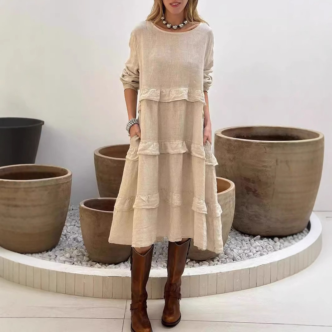 Women's Long Sleeve Ruffle Trim A-Line Dress with Pockets