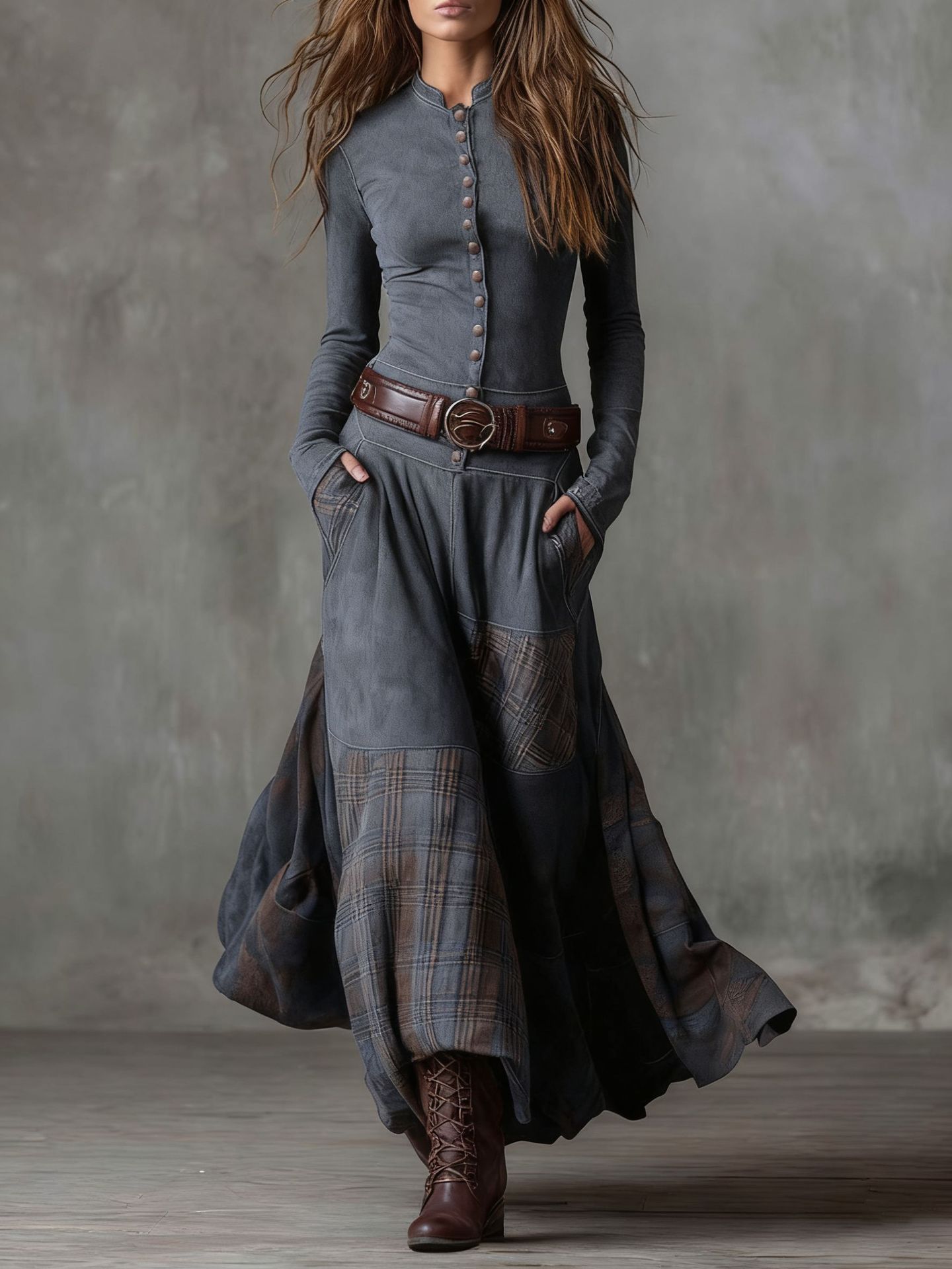 Suede Plaid Patchwork Vintage Dress with Pockets, Button & Belt