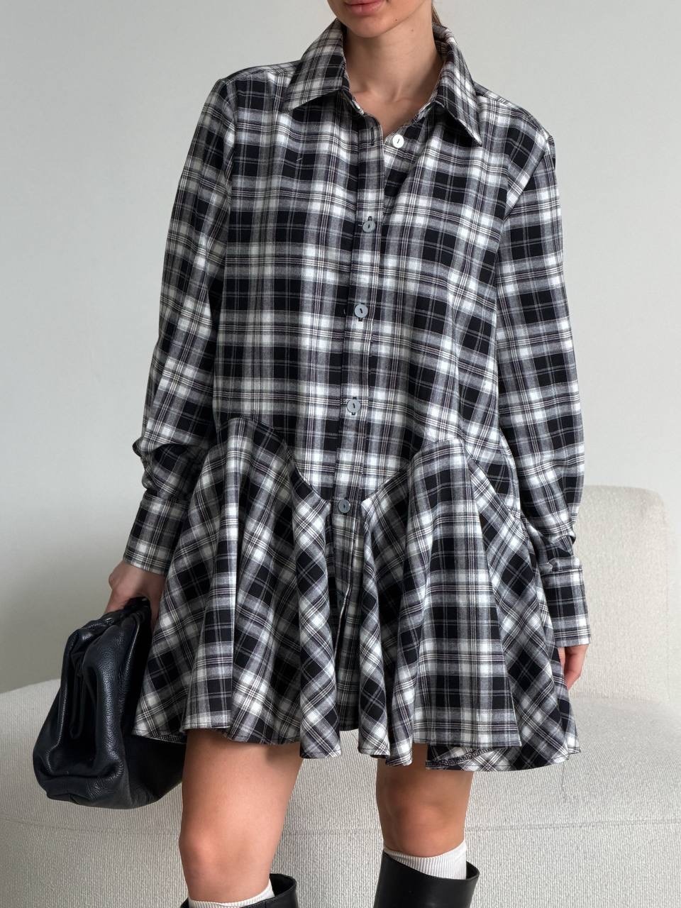 Retro Plaid Collared Slimming Shirt Dress with Puff Skirt