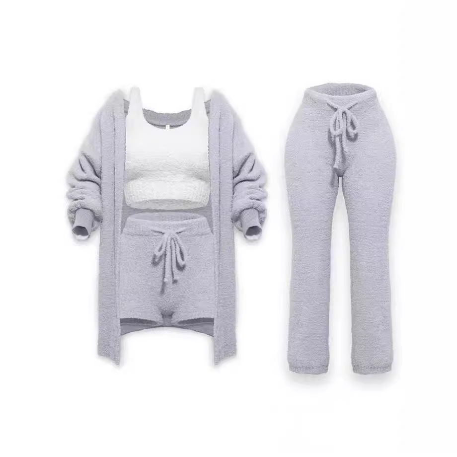 Knit Plush Long-Sleeve Cardigan, Tank Top & Shorts 4-Piece Set