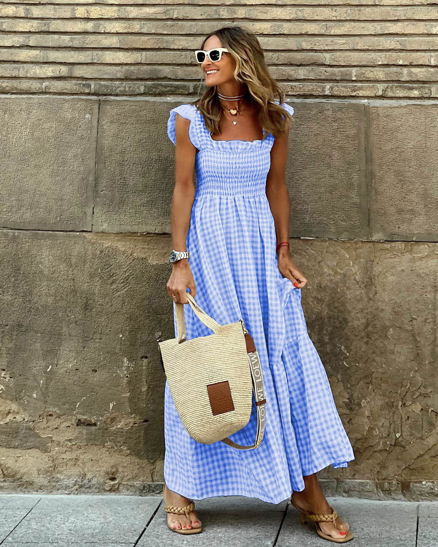 Women's Summer Plaid Print Sleeveless Maxi Dress