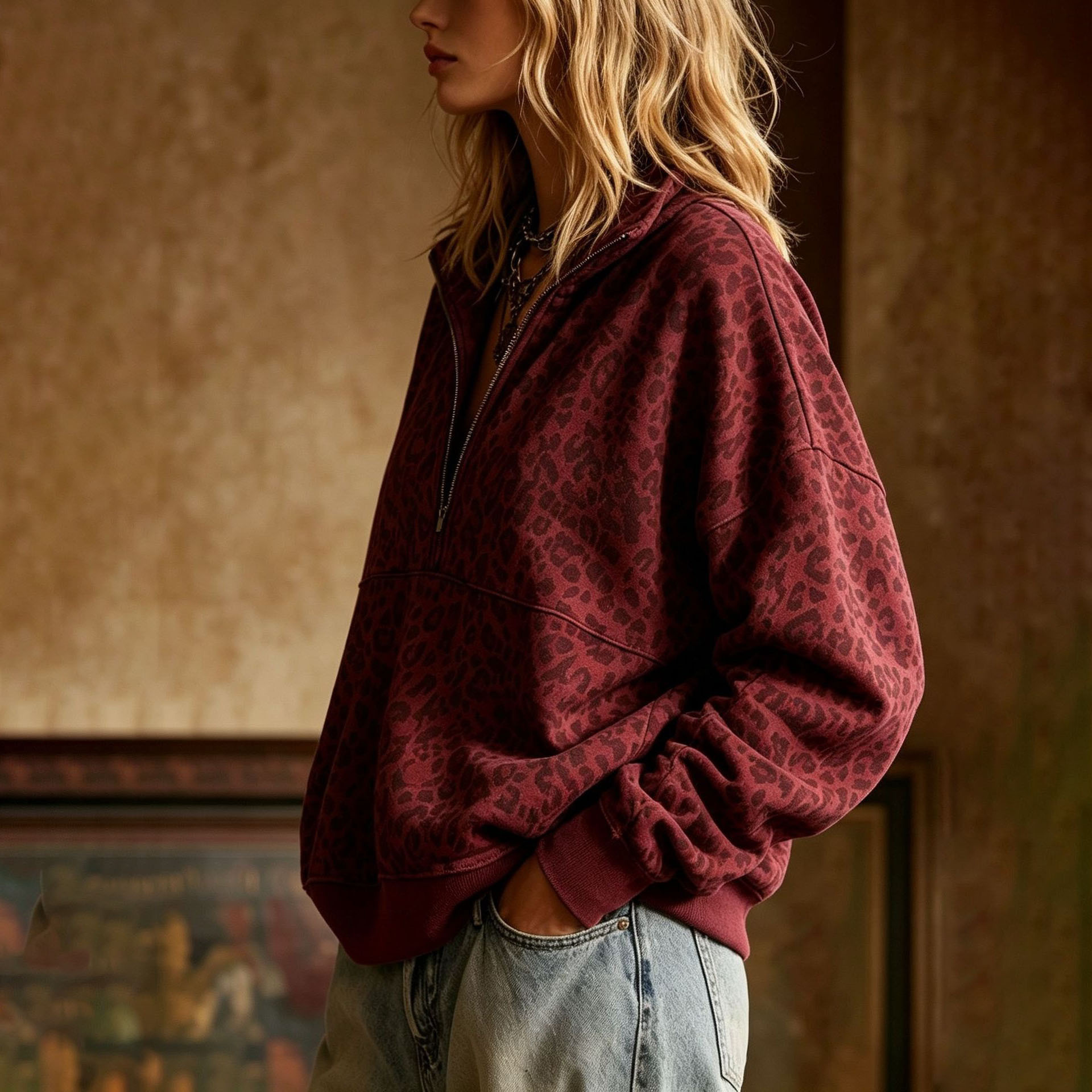 Women's Comfortable Long Sleeve Half-Zip Leopard Print Sweatshirt
