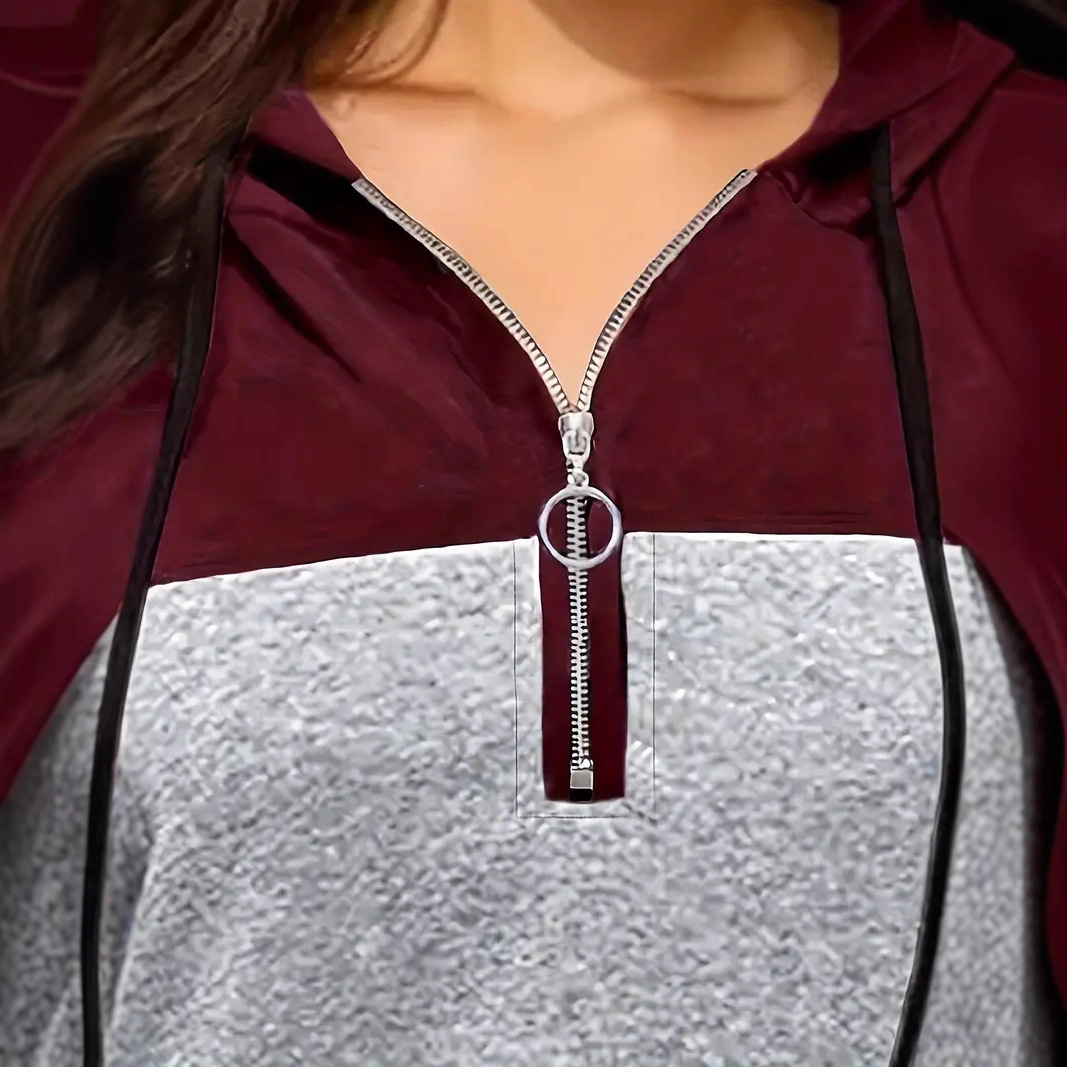 Women's Color-Block Zip-Up Hoodie with Drawstring