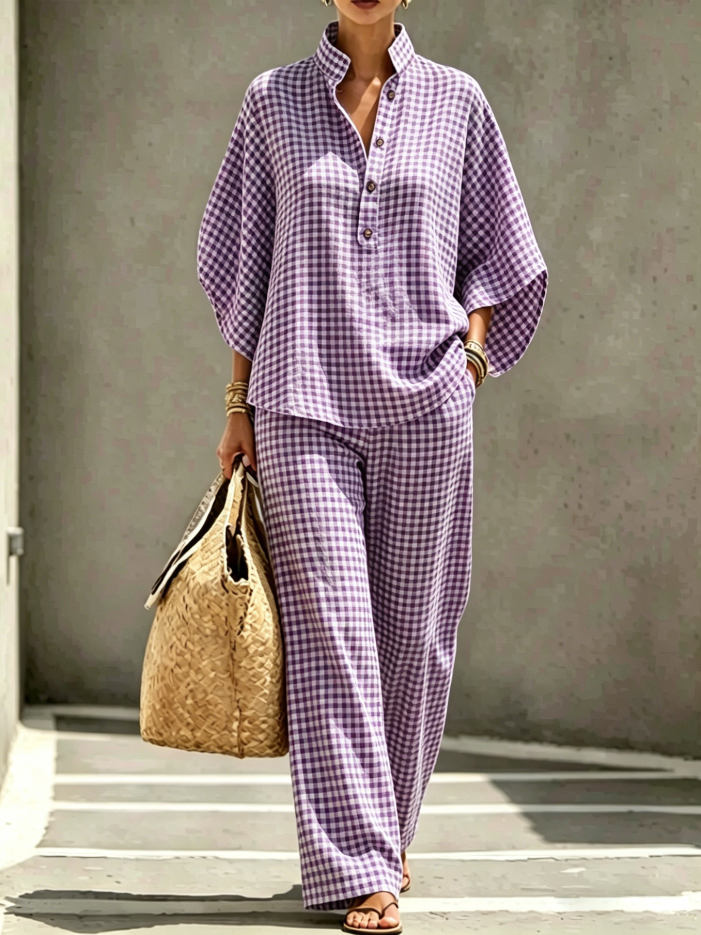 Women's Striped Plaid Print Long Sleeve Button Collared Top Set