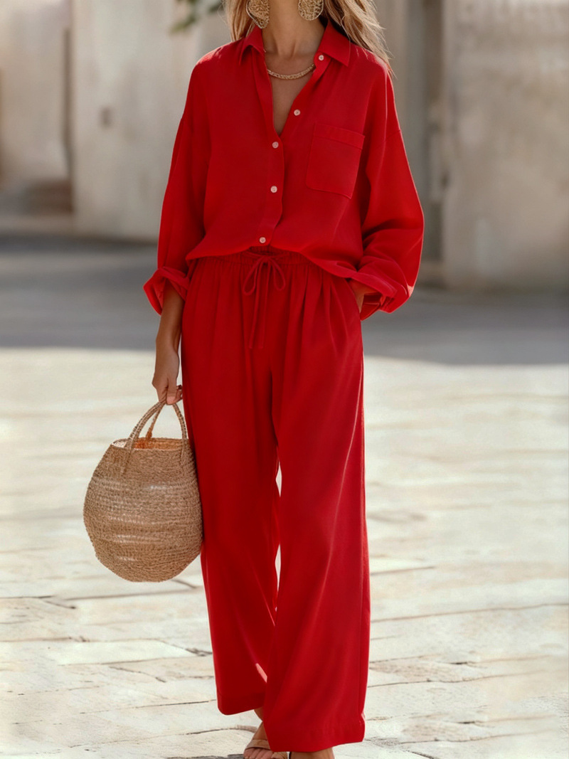 Women's Solid Color Faux Linen Long Sleeve Shirt and Pants Set