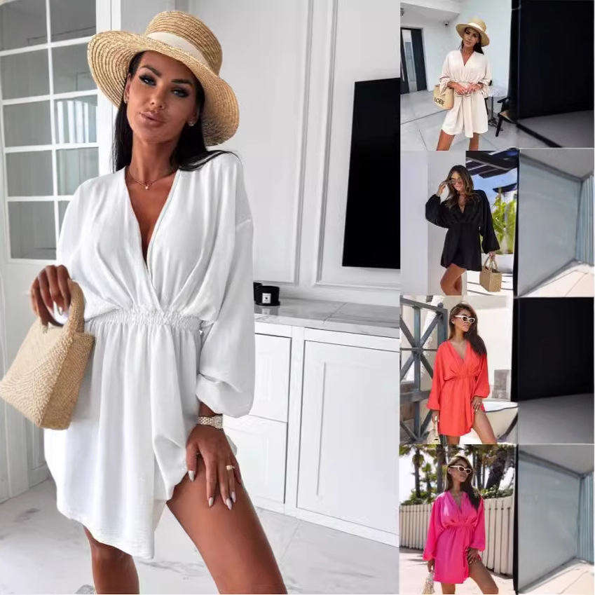 Women's Long Sleeve V-Neck Waist-Cinched Flared Dress