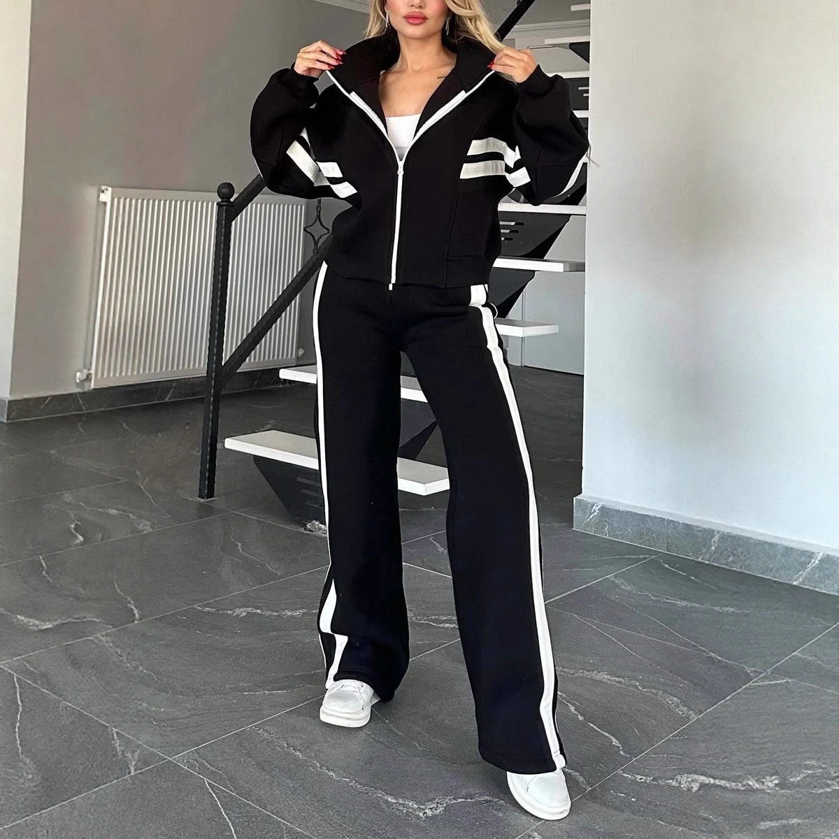 Y2K Striped Zip-Up Top and Pants Casual Sport Set for Women