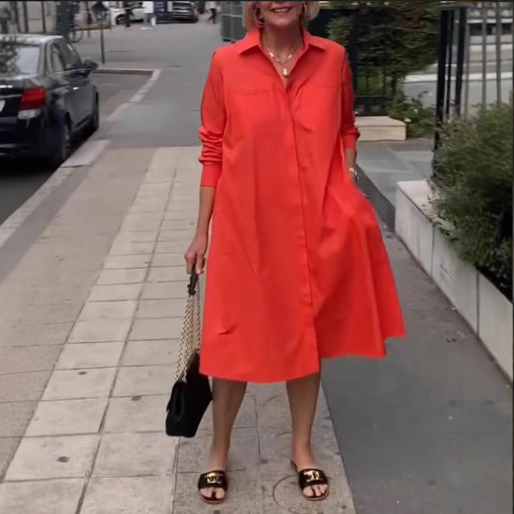 Women's Casual Solid Color Long Sleeve Shirt Dress